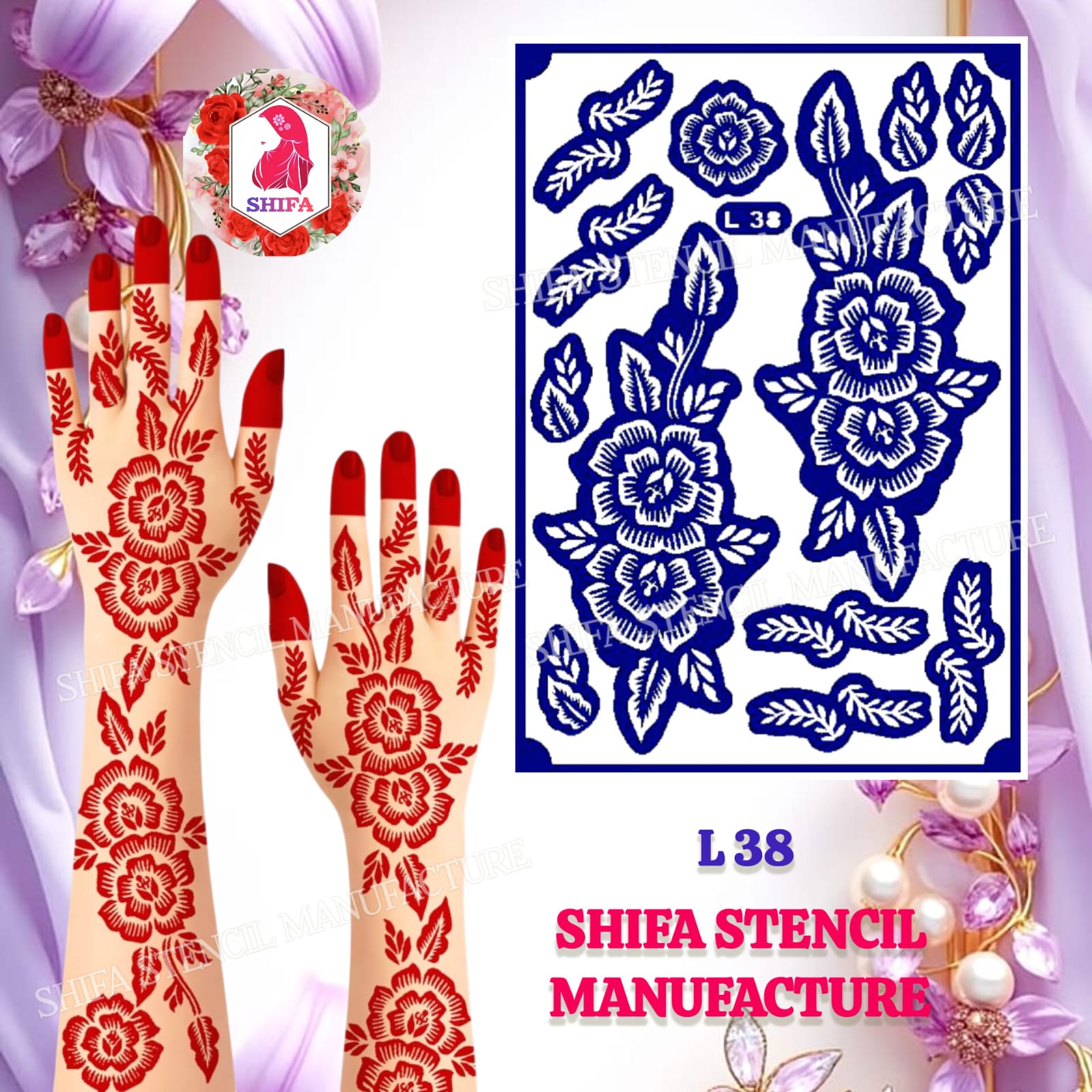 L 38 Big Flower with Leaf Arabic Design Sticker Overview  Henna Stencil - Shifa Stencil